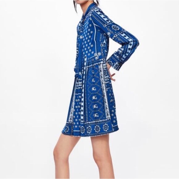 ZARA Patchwork Bandana Print Pleated Skirt Mini Dress w/ Necktie, Sz M - Picture 7 of 12